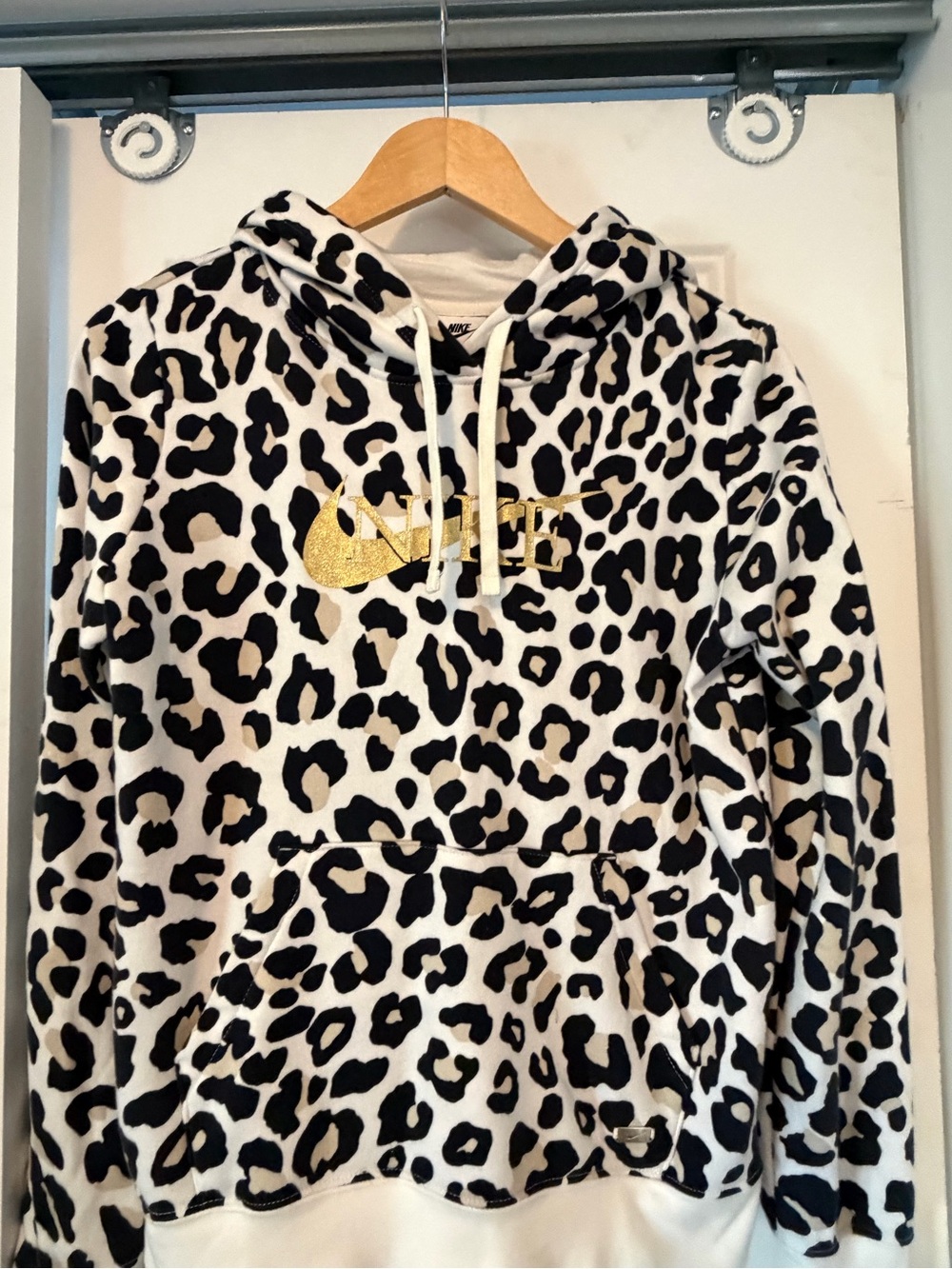 Nike Women’s White & Black Leopard Cowl Hoodie with Gold Swoosh